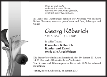 Traueranzeige von Georg Köberich von Südthüringer Presse