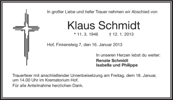 Traueranzeige von Klaus Schmidt von Frankenpost