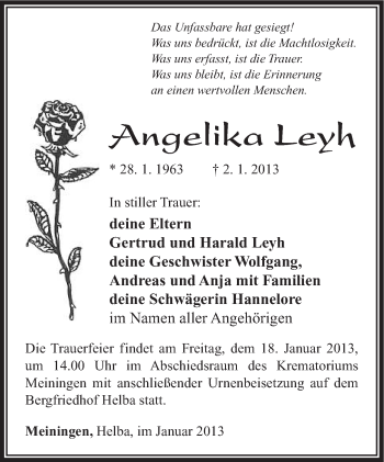 Traueranzeige von Angelika Leyh von Südthüringer Presse