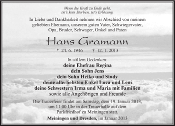 Traueranzeige von Hans Gramann von Südthüringer Presse