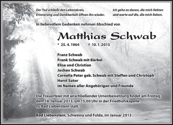 Traueranzeige von Matthias Schwab von Südthüringer Presse