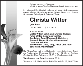Traueranzeige von Christa Witter von Südthüringer Presse