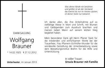 Traueranzeige von Wolfgang Brauner von Neue Presse Coburg