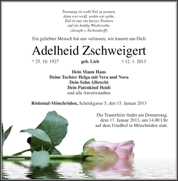 Traueranzeige von Adelheid Zschweigert von Neue Presse Coburg