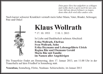 Traueranzeige von Klaus Wollrath von Südthüringer Presse