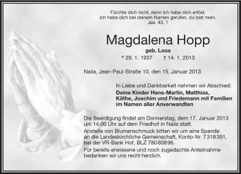 Traueranzeige von Magdalane Hopp von Frankenpost