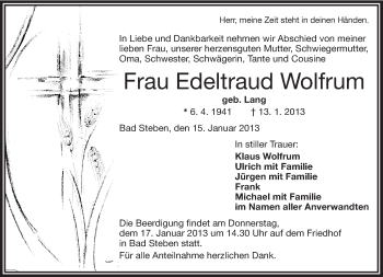 Traueranzeige von Edeltraud Wolfrum von Frankenpost