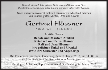 Traueranzeige von Gertrud Hössner von Südthüringer Presse