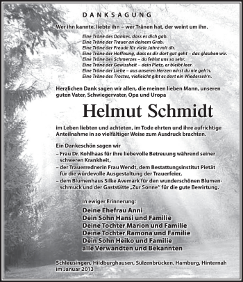 Traueranzeige von Helmut Schmidt von Südthüringer Presse