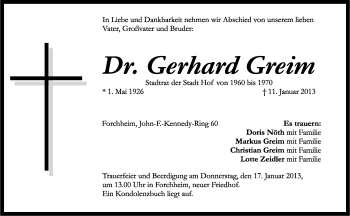 Traueranzeige von Gerhard Greim von Frankenpost
