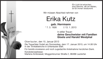 Traueranzeige von Erika Kutz von Neue Presse Coburg