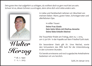Traueranzeige von Walter Herzog von Südthüringer Presse