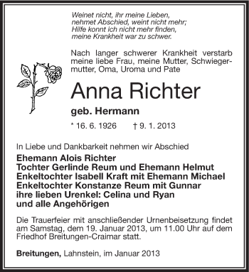 Traueranzeige von Anna Richter von Südthüringer Presse