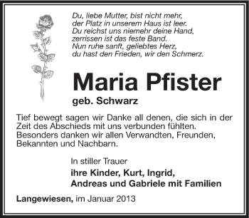 Traueranzeige von Maria pflaster von Südthüringer Presse