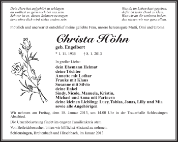Traueranzeige von Christa Höhn von Südthüringer Presse
