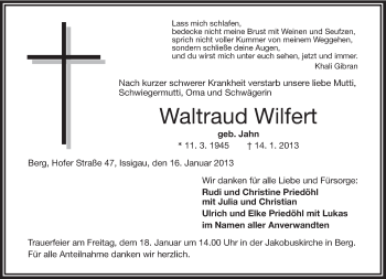 Traueranzeige von Waltraud Wilfert von Frankenpost