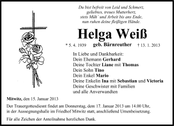 Traueranzeige von Helga Weiß von Neue Presse Coburg