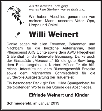 Traueranzeige von Willi Weinert von Südthüringer Presse