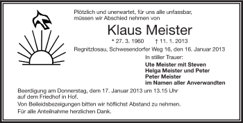 Traueranzeige von Klaus Meister von Frankenpost