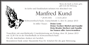 Traueranzeige von Manfred Kund von Frankenpost
