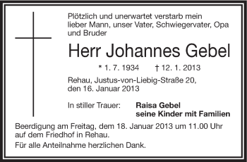 Traueranzeige von Johannes Gebel von Frankenpost