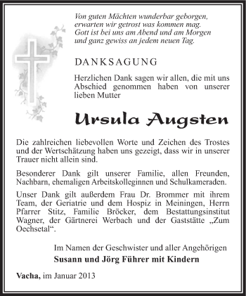 Traueranzeige von Ursula Augsten von Südthüringer Presse