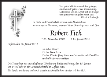 Traueranzeige von Robert Fick von Frankenpost