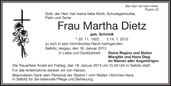 Traueranzeige von Marta Dietz von Frankenpost