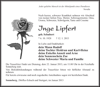 Traueranzeige von Inge Lipfert von Südthüringer Presse