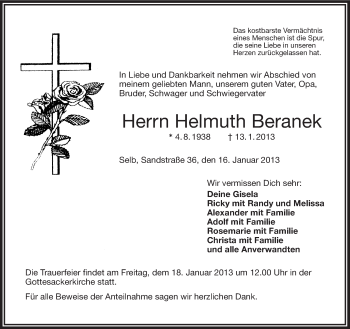 Traueranzeige von Helmuth Beranek von Frankenpost