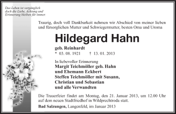 Traueranzeige von Hildegard Hahn von Südthüringer Presse