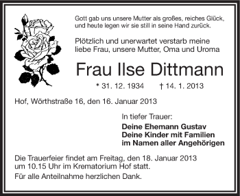 Traueranzeige von Ilse Dittmann von Frankenpost