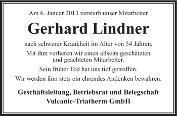 Traueranzeige von Gerhard Lindner von Südthüringer Presse