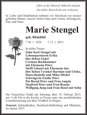 Traueranzeige von Marie Stengel von Südthüringer Presse