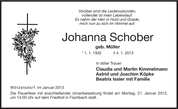 Traueranzeige von Johanna Schober von Neue Presse Coburg