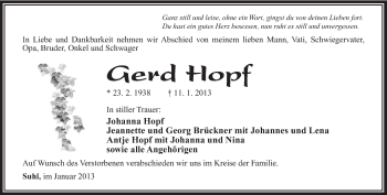 Traueranzeige von Gerd Hopf von Südthüringer Presse