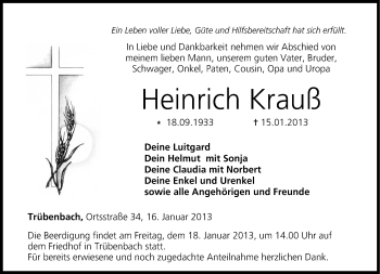 Traueranzeige von Heinrich Krauß von Neue Presse Coburg