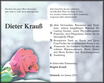 Traueranzeige von Dieter Krauß von Südthüringer Presse