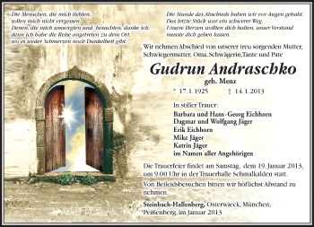 Traueranzeige von Gudrun Andraschko von Südthüringer Presse