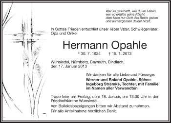 Traueranzeige von Hermann Opahle von Frankenpost