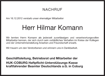 Traueranzeige von Hilmar Komann von Neue Presse Coburg
