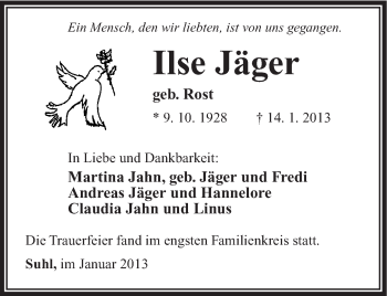 Traueranzeige von Ilse Jäger von Südthüringer Presse
