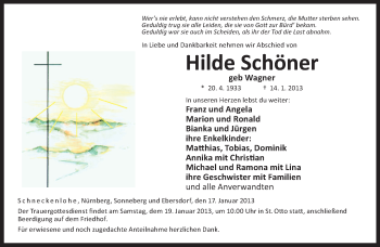 Traueranzeige von Hilde Schöner von Neue Presse Coburg