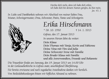 Traueranzeige von Erika Hirschmann von Frankenpost
