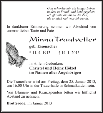 Traueranzeige von Minna Trautvetter von Südthüringer Presse