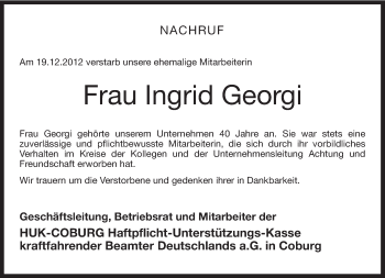 Traueranzeige von Ingrid Georgi von Neue Presse Coburg
