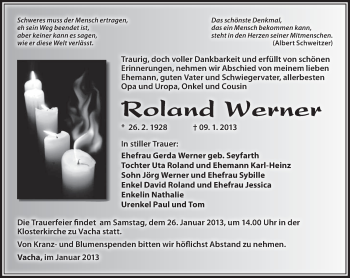 Traueranzeige von Roland Werner von Südthüringer Presse