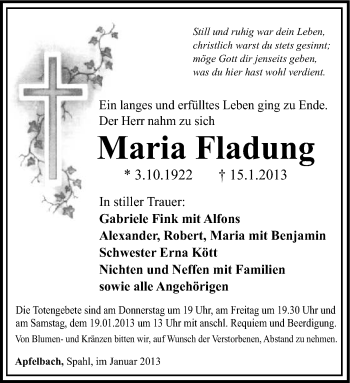 Traueranzeige von Maria Fladung von Südthüringer Presse