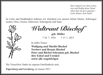Traueranzeige von Waltraut Bischof von Südthüringer Presse