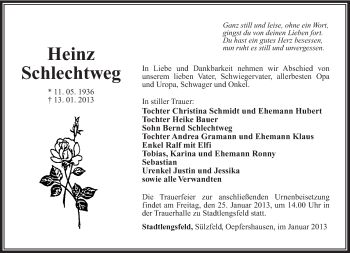 Traueranzeige von Heinz Schlechtweg von Südthüringer Presse